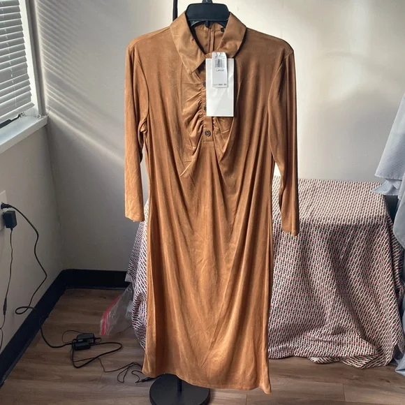 Sami & Jo dress collared camel colored casual boho office neutral business L - Picture 4 of 17